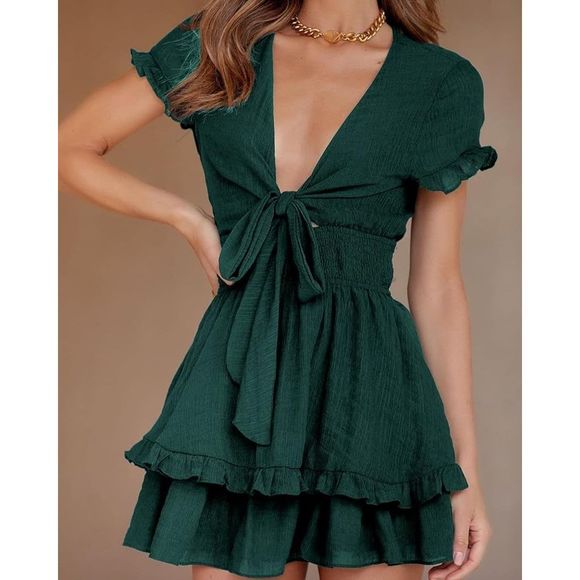 PRETTYGARDEN green size large Swing Mini Dress V Neck Short A-Line Short Dress - Picture 2 of 10